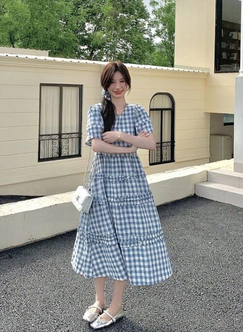 French Style Blue Plaid Casual Tea Dress