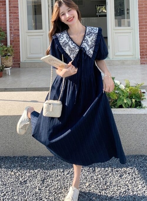 French Style Colorblock Pleated Waist Maxi Dress