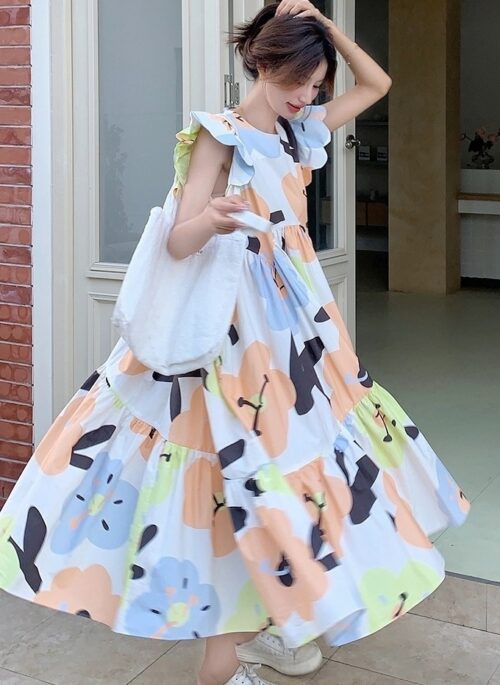 French Style Graffiti Art Vacation Maxi Dress