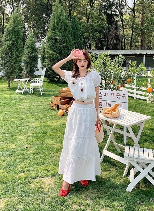 French Style Lace Sweet Puff Sleeve Skirt Set