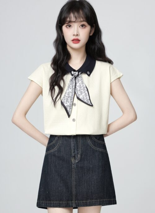 French Style Short Sleeve Loose Blouse With Scarf Trim