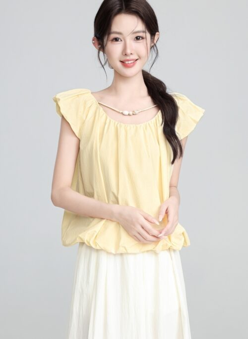 French Style Yellow Short Sleeve Ruffle Blouse