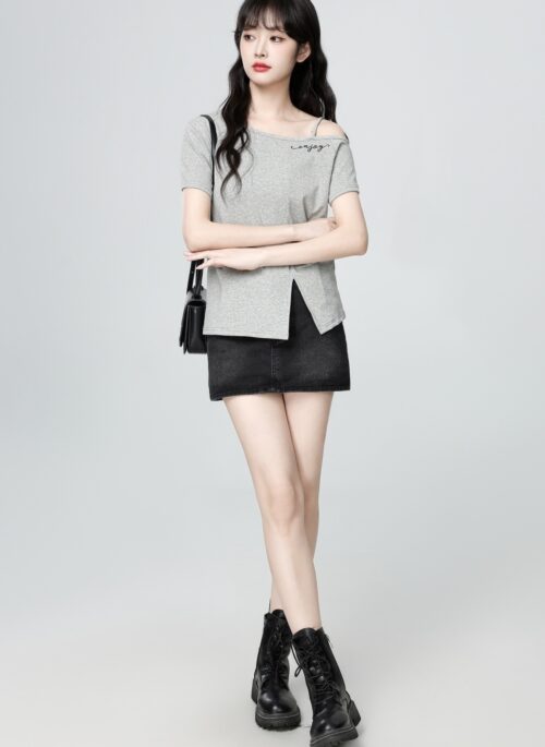 Gray Asymmetrical Off Shoulder Short Sleeve Top