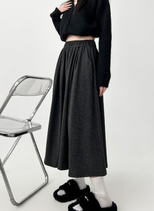 High Waist Dark Gray Midi Skirt Flowy Casual Style