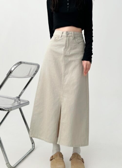 High Waist Denim Midi A Line Skirt