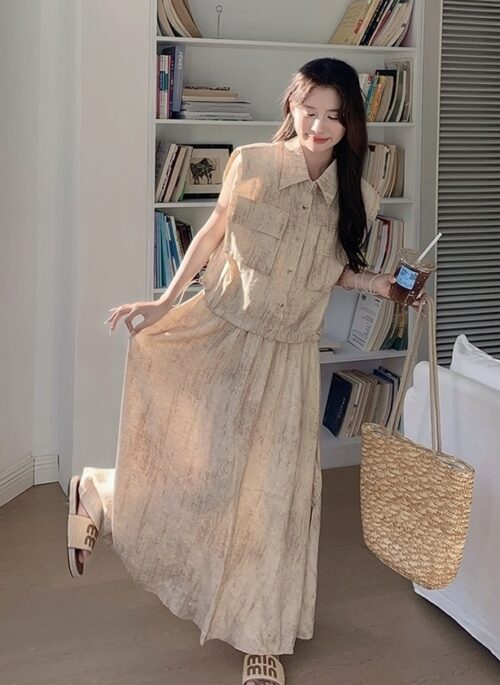 Ink Wash Drawstring Sleeveless Top And Skirt Set