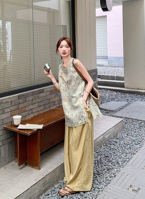 Jacquard Tassel Vest And Wide Leg Pants Set