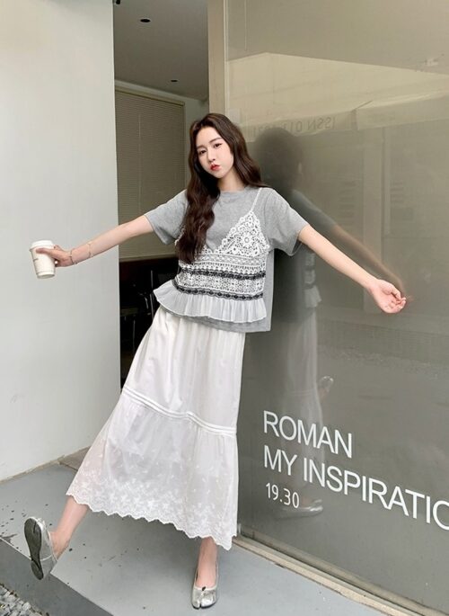 Korean Style Lace Patchwork Short Sleeve Skirt Set