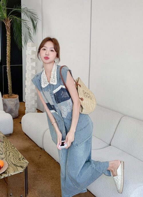 Lace Denim Vest And Skirt Set Summer Style