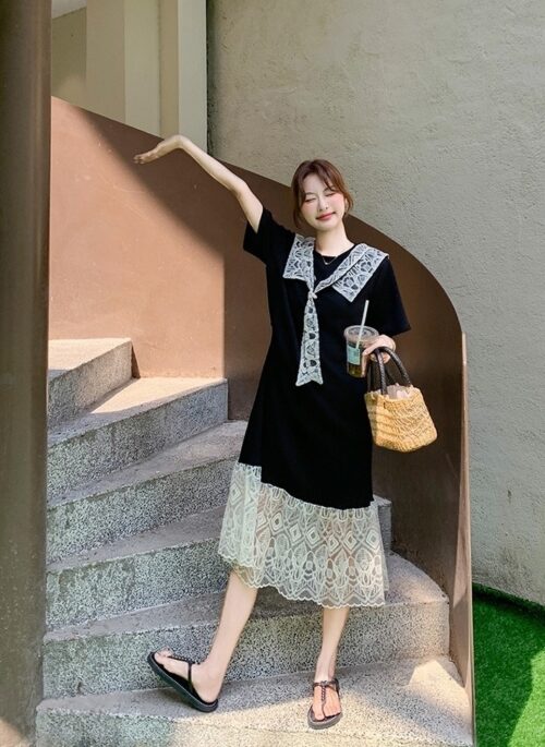 Lace Patchwork Sailor Collar Loose Fit Maxi Dress