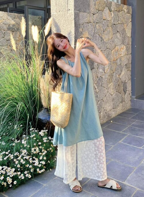 Lace Vest Dress Wide Leg Pants Vacation Set
