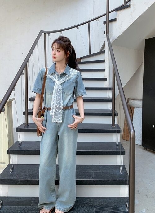 Light Blue Denim Lace Waist Slimming Jumpsuit