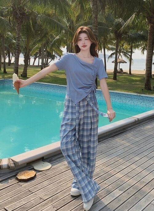 Light Blue Plaid Drawstring Short Sleeve Set