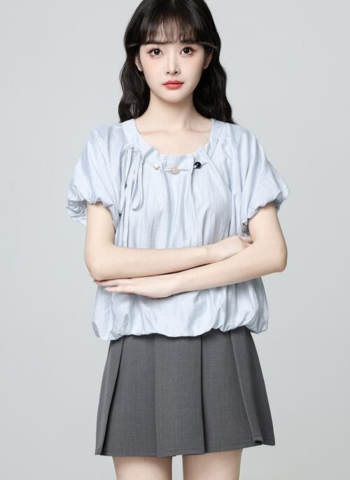 Light Blue Puff Sleeve Bow Tie Blouse