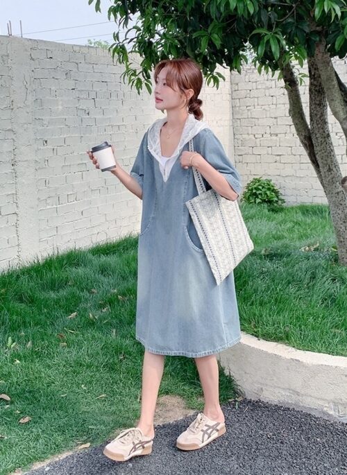 Light Blue Vintage Lace Hooded Denim Dress Summer Collection
