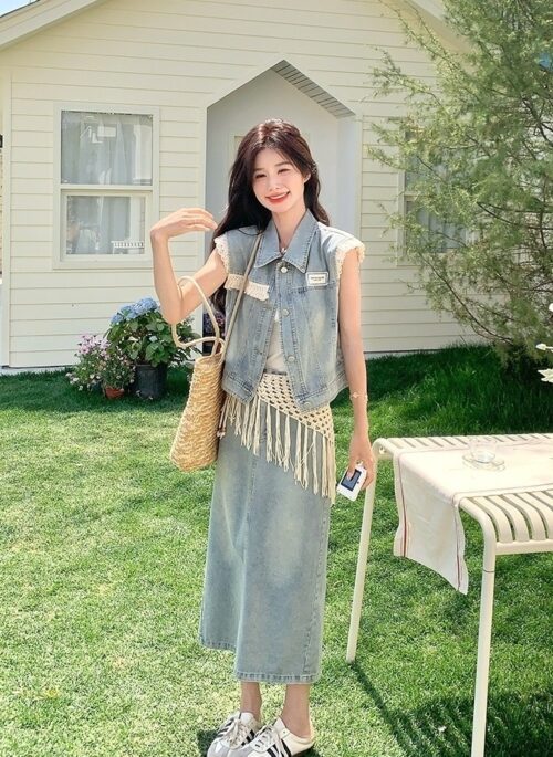 Light Wash Denim Vest And Skirt Set