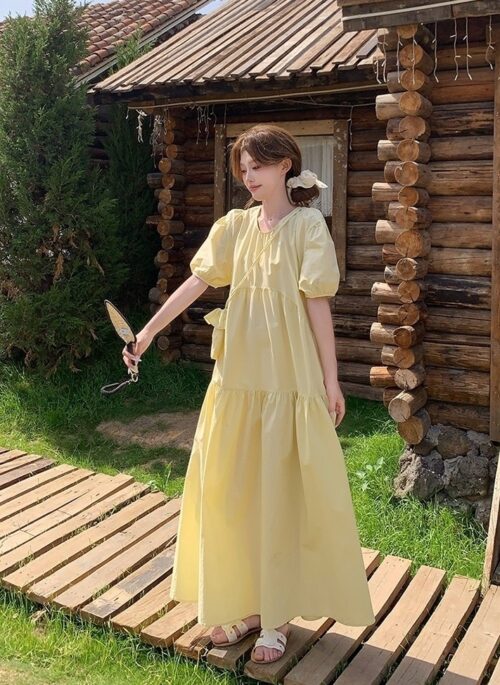 Light Yellow Puff Sleeve French Tea Dress