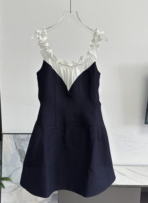 Navy Blue Ruffled Neckline Spliced Dress | Tzuyu – Twice