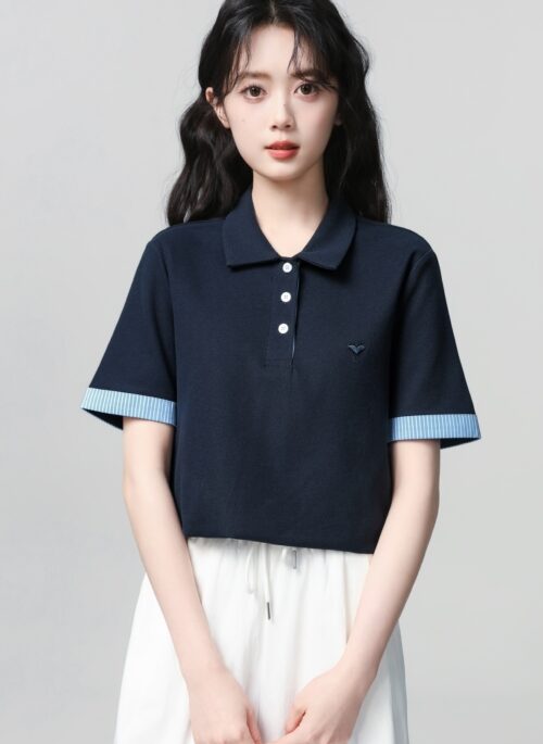 Navy Polo Collar Short Sleeve Colorblock T Shirt