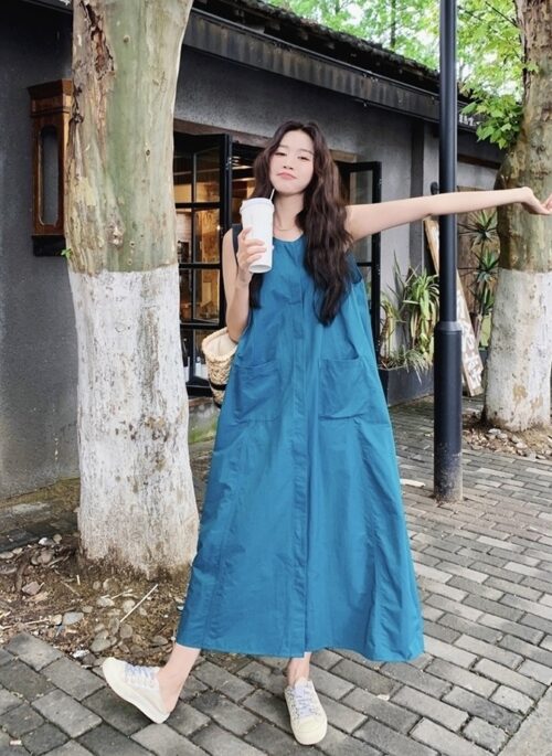 Peacock Blue Sleeveless Casual Relaxed Maxi Dress