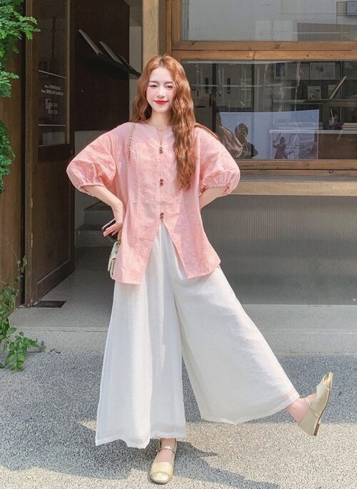 Pink Jacquard Relaxed Shirt Wide Leg Pants Set