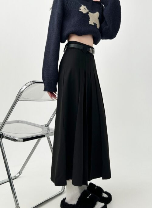 Pleated Gray A Line Midi Skirt