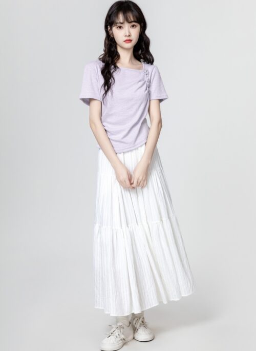 Purple Ruched Floral Design Short Sleeve Top