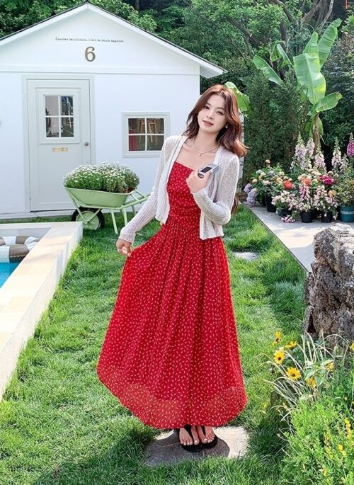 Red Floral Knit Cardigan And Dress Set