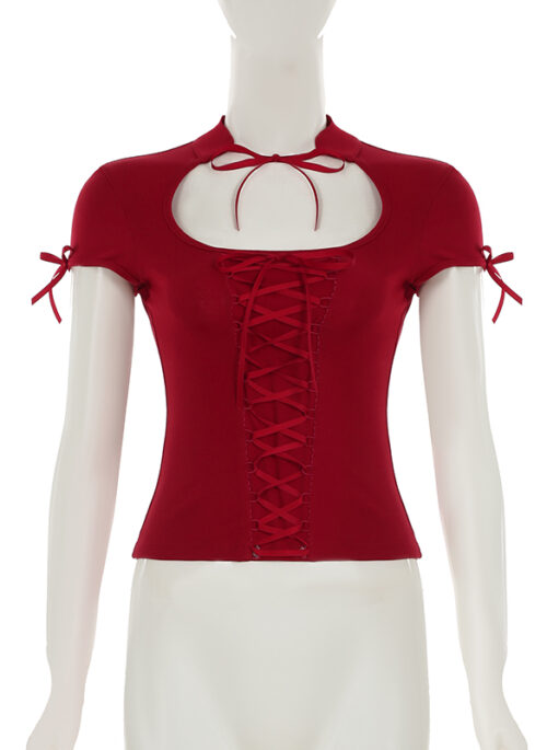 Red Hollow Front Lace-Up Top | Jennie - BlackPink