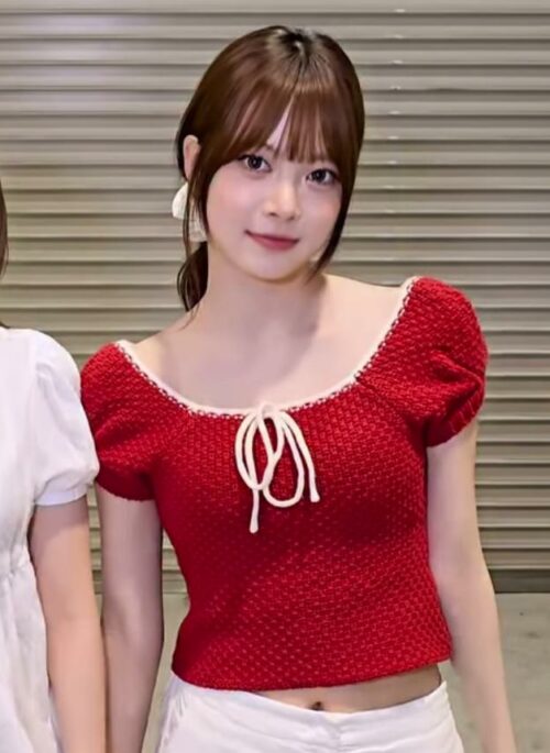 Red Puff Sleeve Tie-Front Knit Top | Eunchae – Le Sserafim