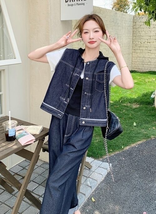 Retro Denim Vest And Wide Leg Pants Set
