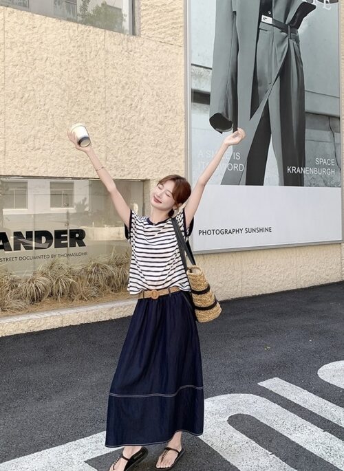 Striped Denim Skirt And Short Sleeve Top Set