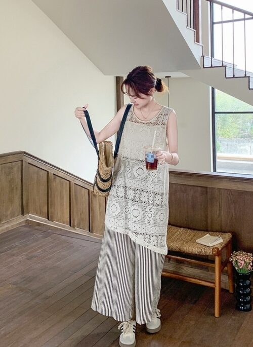 Striped Knit Tank And Wide Leg Pants Set