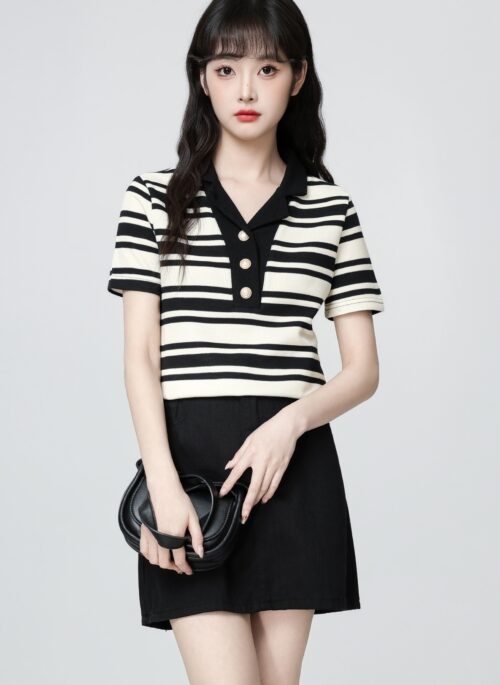 Striped Short Sleeve Polo Shirt Casual Summer Top