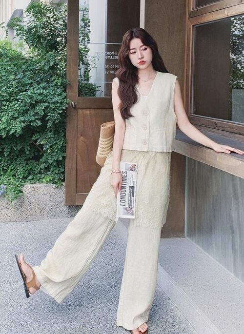 Summer Lace Vest And High Waist Casual Pants Set