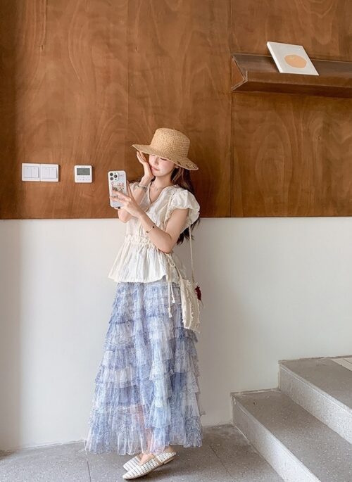 Summer Puff Sleeve Top And Tiered Skirt Set