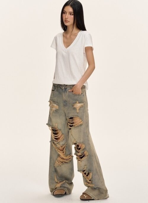 Vintage Blue Shredded Wide-Leg Jeans | Dino – Seventeen