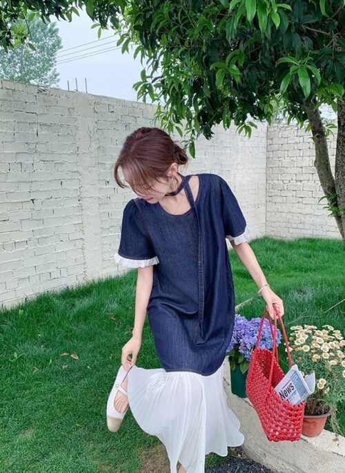 Vintage Denim Pleated Dress With Waist Slimming Design