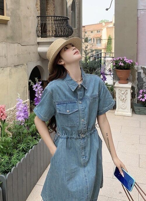 Vintage Denim Shirt Dress Casual Summer Style