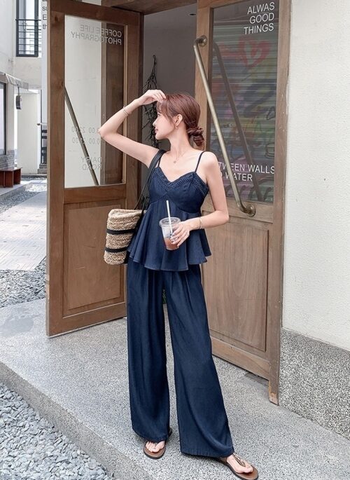 Vintage Denim Tank Top And Wide Leg Pants Set