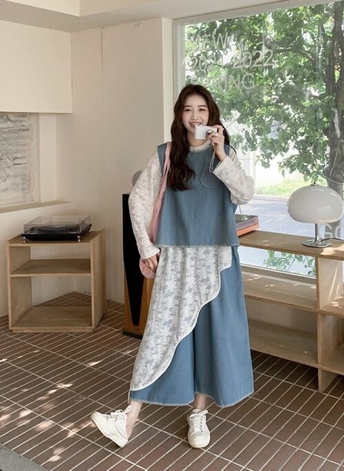 Vintage Denim Vest And Wide Leg Pants Set