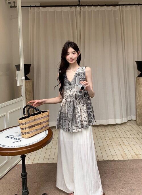 Vintage Floral Sleeveless Top Wide Leg Pants Set