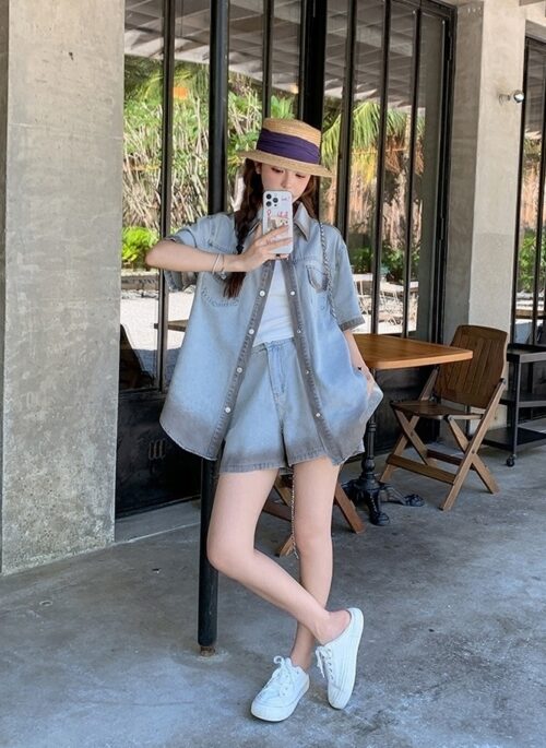 Vintage Ombre Denim Shorts And Top Set