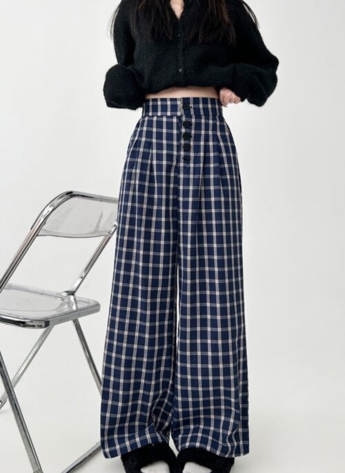 Vintage Plaid Wide Leg Casual Trousers