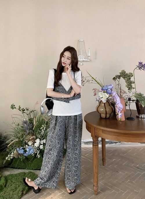 Vintage Style Print Top And Wide Leg Pants Set