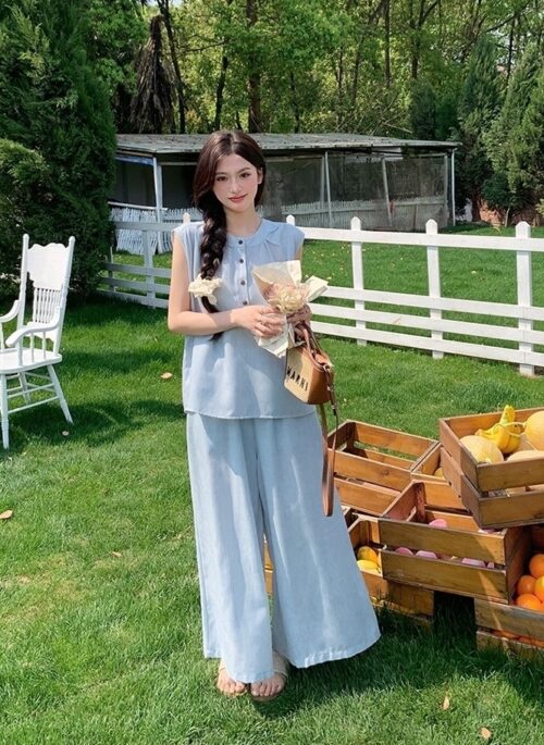 Waist Cinched Top And Wide Leg Pants Set