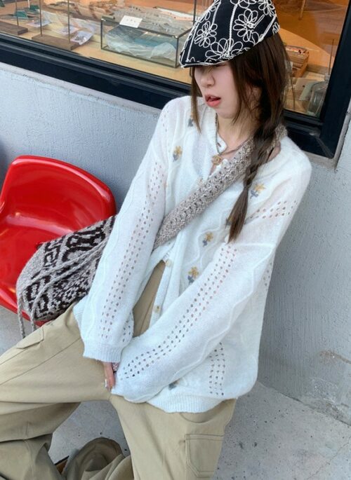 White Flower Embroidered Button-Up Cardigan | Yeosang – ATEEZ