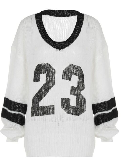 White Graphic Number Jersey Style Sweater | Minju – ILLIT