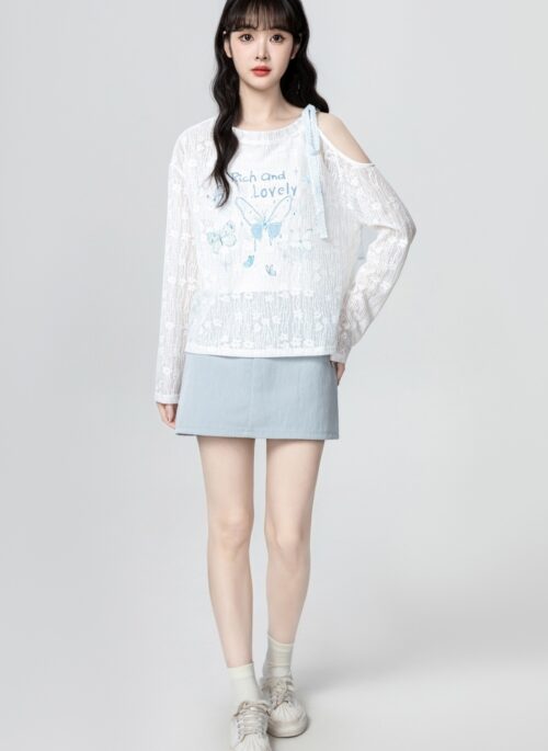 White Off Shoulder Long Sleeve Bow Tie Print Top