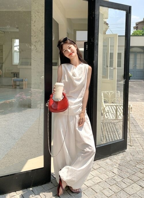 White Pleated Cowl Neck Sleeveless Wide Leg Set